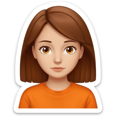 brown haired woman no smile with orange shirt sticker