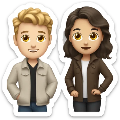 White Girl, black hair ,and white boy, brown hair,in front of eiffel tower sticker