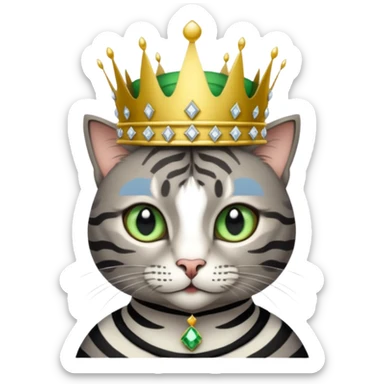 Gatito gris con rayas negras ojos verdes vestida de reina con coronas y diamantes sticker