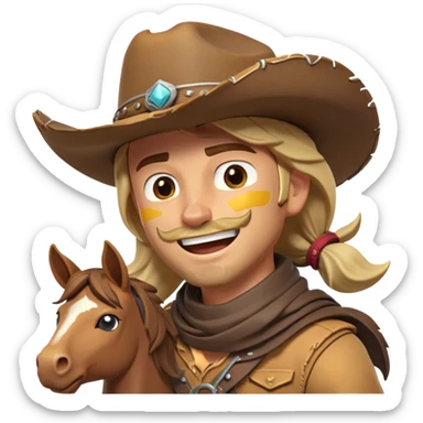 clash-of-clans-aesthetic_-cinematic-playful-cowboy-portrait-emoji, head-tilted with a roguish, cheeky grin and twinkling eyes, featuring a rugged, spirited build with a wide-brimmed cowboy hat and a weathered bandana on tan skin, riding a powerful galloping horse with dynamic flowing mane, reins gripped firmly in one hand and a lasso in the other, as dust swirls behind them in a vast desert landscape. sticker