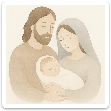 Jesus and his family, warm watercolor style, soft blending, gentle expressions sticker