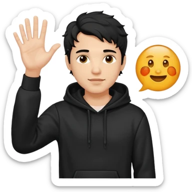 Now create man waveing with one hand with little bit wavey dark black hair with black hoodie on and make him light skin. his haircut is mid fade with hair on his forehead sticker