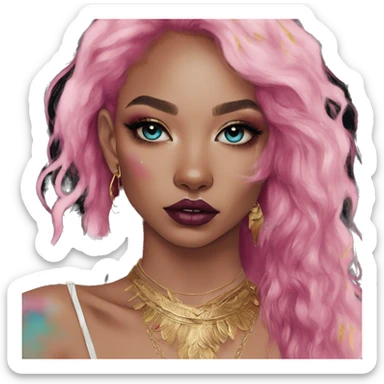 Pink magenta burgundy maroon cyan beige gray fox black eyeshadow wearing gold jewellery gold piercings gold ear piercing gold nose piercing vintage watercolour tie dye black raven wings sticker