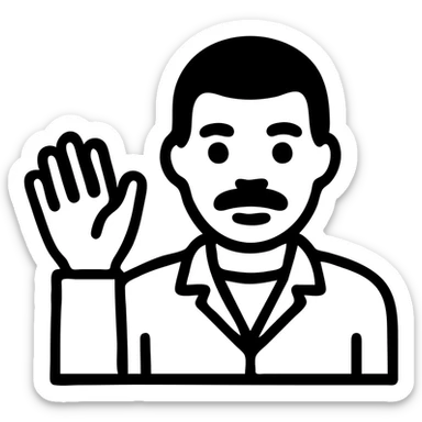 Black man with a mustache waving, wearing a grey jacket, outlined icon style sticker