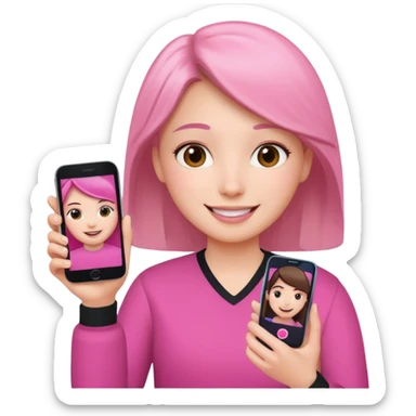 pink video call between one person holding the phone with a person on the phone screen sticker