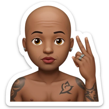 Bald head man with huge lips, tattoos on his chest , holding his finger up to his cheek  sticker