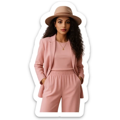 Add a fashionable hat and a necklace in a realistic style. Keep the background transparent. sticker