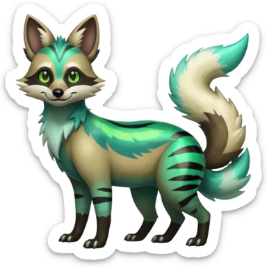 Shiny colorful iridescent Green Neon Glossy Silvally-Aardwolf-Tanuki-Genet-Bobcat-fusion-animal-hybrid-creature, full body sticker