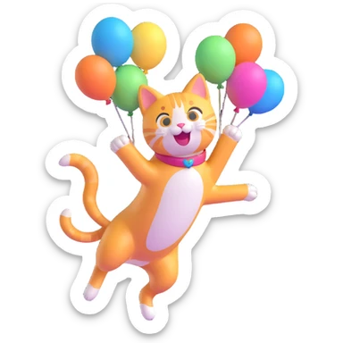a cat jumping with joy, surrounded by balloons, playful 3D emoji style sticker