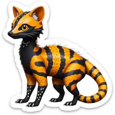 Rare warm-colored exotic edgy epic aesthetic spooky dark modern colorful cyber-Genet-Trico-Salandit-Civet-species-Fakemon-hybrid-creature, with beautiful intricate markings, full body sticker