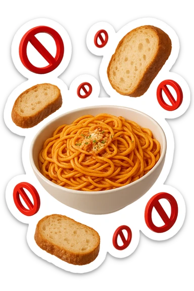 bowl di pasta e fettine di pane che fluttuano in aria con piccoli divieti 3d, sfondo bianco, iperrealistico 4k sticker
