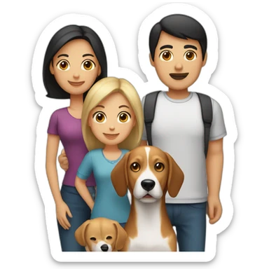 A family of 4 people and a dog. The dog is a beagle. The people are the dad, black hair, the mom with blond hair, finally a teenager with brown hair and a child with blond hair sticker