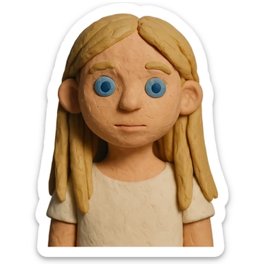 girl with long dirty blond hair, blue eyes, wearing a white top in claymation style sticker