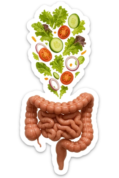 INSALATA CADE VERTICALMENTE SU UN INTESTINO ANATOMICO REALISTICO, iperrealistico 4k, ISOLATA SU SFONDO BIANCO sticker