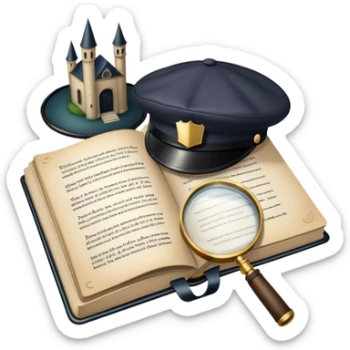 Icon for Detective Reading: an open book with text and a magnifying glass, a detective’s hat and a notebook with clues, surrounded by dark shadows and mysterious elements like footprints. Transparent background. sticker