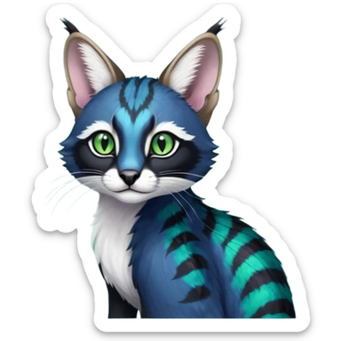 Colorful dark tropical cobalt-blue, black, white fur, with green eyes, iridescent glorious divine exotic cute cool beautiful shiny beautiful fantasy-caracal-civet-genet-sergal-vernid-Cacomistle-Furret-civet-oncilla-animal-Fakémon-hybrid-fursona with pattern markings (full body) sticker