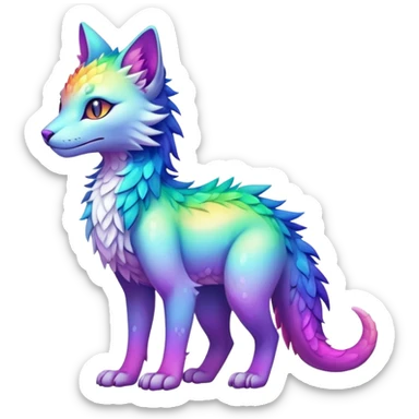 Kawaii neon colorful rainbow iridescent fantasy ethereal feline-vernid-sergal-fursona animal creature with a tufted tail full body with intricate markings sticker