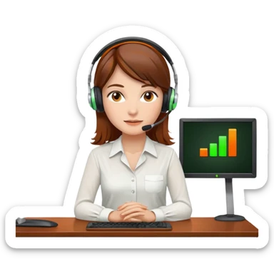 a woman, brown hair, middle european, sitting in the office in front of a computer, wearing a blouse and a headset. she is controling the limits on screen. green = ok, orange = am Limit, rot = überschritten sticker
