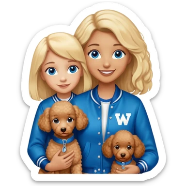 smiling mother in letterman jacket with W and Blue eyes, two Little girls Long blond straight hair and Blue eyes and one brown poodle puppie sticker