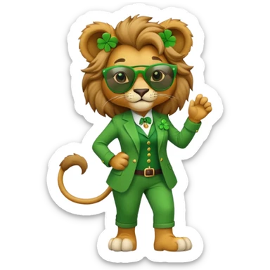 confident anthropomorphised female lion in St. Patrick's Day green clothes with shamrock accessories, dark sunglasses, walking upright, looking self-assured sticker