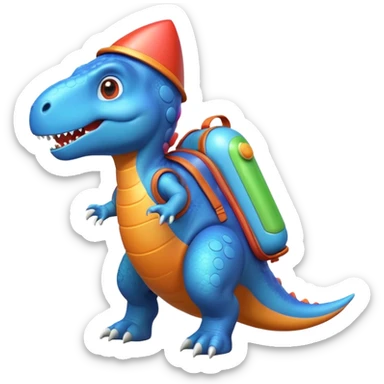 cute toy-like rocket-propelled dinosaur, rounded shapes, glossy texture, colorful rocket backpack, happy expression, 3D cartoon, mobile game icon style, clean background, no text, no watermark
 sticker