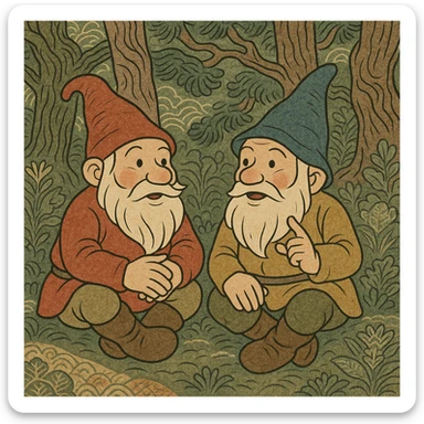 two gnomes in a forest, sitting next to each other, talking, magical realism, traditional Japanese illustration, ukiyo-e style sticker