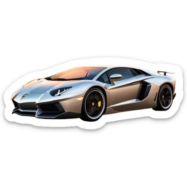 Lamborghini Aventador speeding down Sunset Avenue at dusk, headlights blazing. The sky glows in warm sunset hues, reflecting off the sleek car. Motion blur emphasizes speed, with palm trees and city lights in the background. Transparent background. sticker