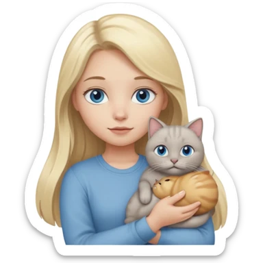 blonde girl with long blonde hair and blue eyes with chubby gray cat sticker