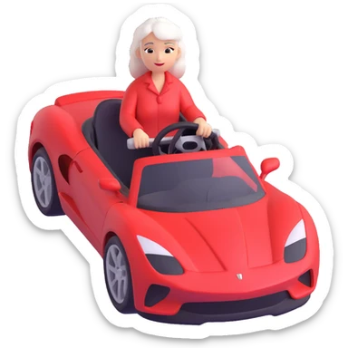 Ensure only the mother with white hair is in the red sports car, no other person visible, keep 3D emoji style, 10% more realistic, no background. sticker
