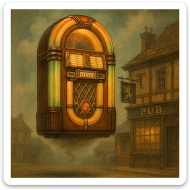 A vintage jukebox floating in the air, whimsical and slightly surreal, traditional English pub theme sticker