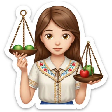 A Ukrainian girl with brown hair in an embroidered shirt holds the scales of truth in her hand sticker