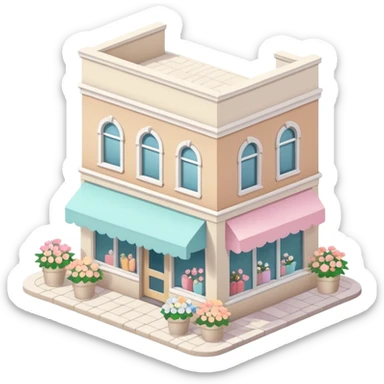 isometric exterior little beige and white shop with abundant pastel florals everywhere sticker