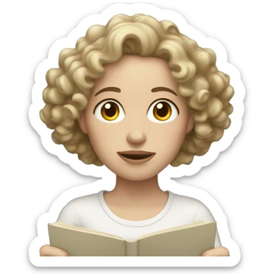 pale woman with curly hair reading sticker