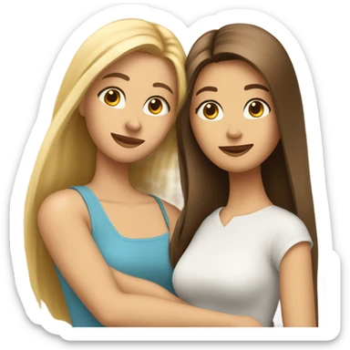 beautiful woman with long straight blonde hair hugging beautiful woman with long straight brown hair sticker