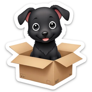  A very cute gery young happy black dog with one's head tilted to one side poked its paws out of the cardboard big box and placed them on top of it sticker