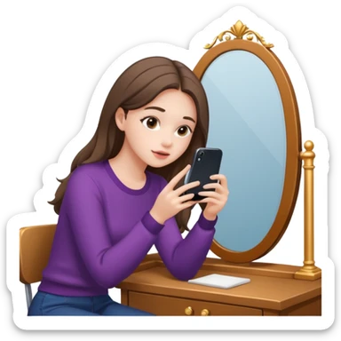 Girl sitting at vanity taking out picture with iphone 15 plus and study materials on the vanity sticker