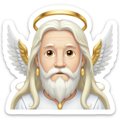 Wise deity with white angel wings, long white hair, beard and mustache, wearing gold drop earrings, heavenly appearance sticker