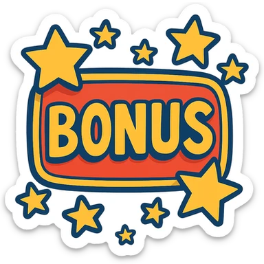 sign with the word BONUS in the center, surrounded by stars, vibrant cartoon style sticker
