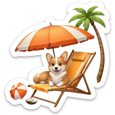 a corgi dog laied on a beach chair, a sunny beach, a sun umbrella, and beach coconut trees. the icon should capture the essence of a relaxing beach vacation with a carefree atmosphere sticker