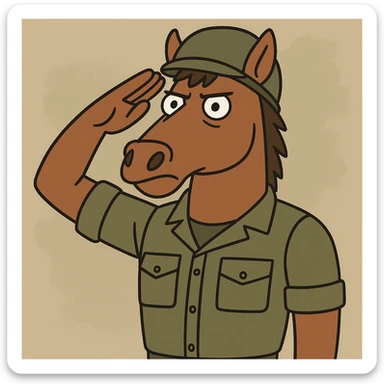 brown horse with an army vibe, cartoon style, saluting with a determined expression sticker