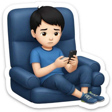un niño de entre 3 - 10 años jugando con su celular, cansado y sentado en una habitacion apagada, el niño tiene piel blanca y cabello negro (hombre)

 sticker