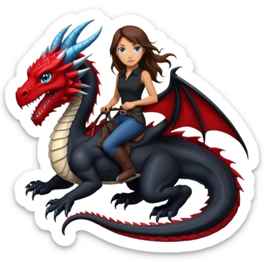 Me, a white female with long brown hair, and blue eyes, wearing black and red, and riding a very black wyvern dragon with hints of red, to your work sticker