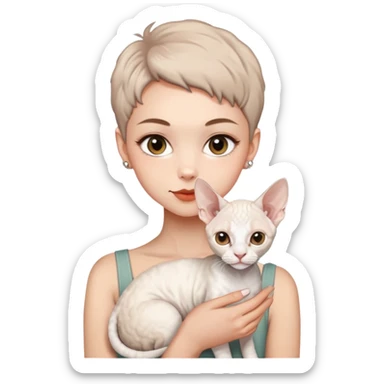 A handsome girl with short hair is holding a white Devon rex sticker
