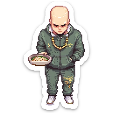 Pixel art thug in tracksuit, holding chain in Hand, bald head, angry expression, side view, retro arcade sprite 
Takes a plate of noodles in hand.  sticker