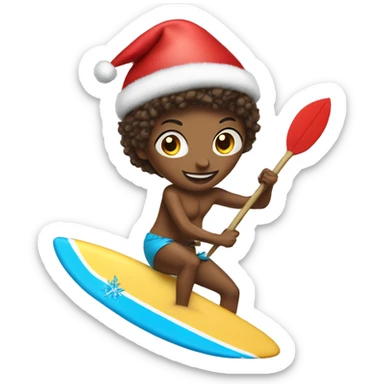 A tres riding a surfboard with a tutu and a Christmas hat sticker