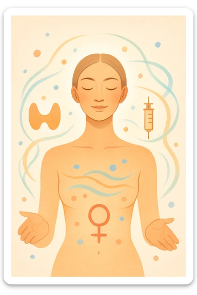  Il corpo è circondato da simboli delicati e bilanciati che rappresentano equilibrio ormonale e metabolico: piccoli cerchi, flussi energetici colorati, simboli stilizzati di tiroide, insulina, estrogeni. Pelle radiosa, postura aperta e rilassata. sticker
