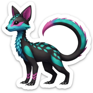 Rare realistic dark edgy badass epic pretty beautiful handsome gorgeous aesthetic colorful vibrant Vernid-Trico-species-Fakemon-creature by LiLaiRa, 4 legs, 1 tail, random markings, (full body) sticker