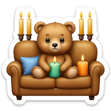 Cozy teddy bear watching tv on couch with candles on sticker