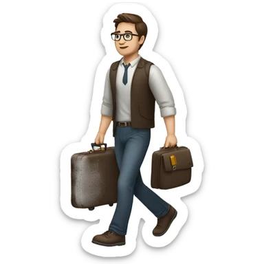 a man with brown hair and glasses walking with a suitcase sticker