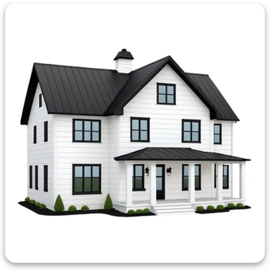 modern farmhouse with white siding, black roof and black trim, exterior view, 3d sticker